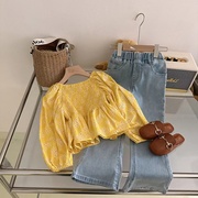 韩版女童装时髦洋气套装春装儿童黄色泡泡袖碎花衬衫牛仔裤两件套