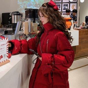 红色羽绒服女2022年冬季收腰小个子圣诞本命年中长款棉衣棉服