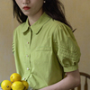 LLANO苔藓绿衬衫短款复古法式刺绣棉质公主灯笼袖衬衣上衣女夏季