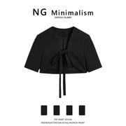 ngminimalism黑色时髦坎肩小西装，女夏中袖短款系带披肩外套