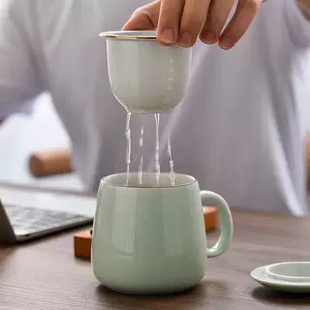 茶水分离茶杯陶瓷杯水杯马克杯办公家用带盖过滤器，网红泡茶杯子