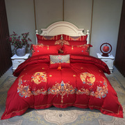 中式婚庆四件套100s贡缎全棉红色，刺绣结婚被套纯棉，床单六件套床品
