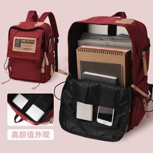 书包红色女生高中生酒红色双肩，包女大学生可放电脑，小众设计感背包