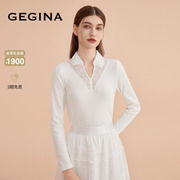 蕾丝GEGINA吉吉娜2023白色长袖打底衫翻领女T恤棉质上衣