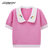 九州诚品/JZZDEMM娃娃领绣花设计感甜美粉色针织短袖夏季薄上衣女