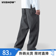 VIISHOW牛仔裤男春秋潮牌夏季美式复古休闲黑色长裤抽绳直筒裤子