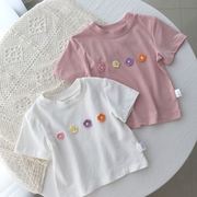 2024韩版夏款女童亲子家短袖t恤纯棉洋气可爱宝宝立体小花半袖上