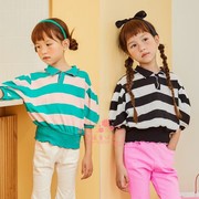 女童短袖韩国童装LILAS2021夏季中大童条纹灯笼袖蝙蝠衫七分袖T恤