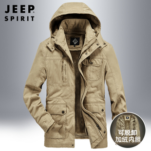 jeep吉普棉衣男士冬季中老年爸爸，冬装中长款棉服，加绒加厚工装外套