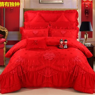 网红婚庆四件套大红色全棉刺绣结婚床品六八十件套纯棉蕾丝床上用