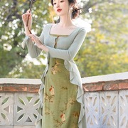 新中式古风绿色吊带连衣裙国风套装荷叶边针织开衫仙女裙绝美长裙