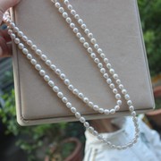 7-8mm天然淡水珍珠毛衣链，多层珍珠米珠，长款白色三层项链百搭女款