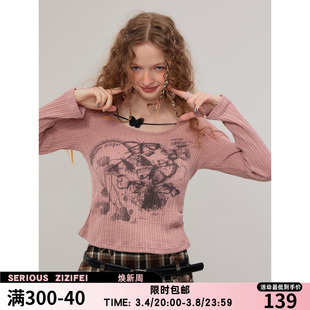 ziziFei春秋季美式复古蝴蝶印花上衣针织打底衫修身显瘦长袖T恤女