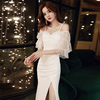 白色晚礼服网纱镂空名媛气质，性感吊带连衣裙灯笼，袖开叉长款显瘦女