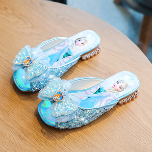 爱莎女童公主高跟拖鞋夏季外穿时尚儿童水晶鞋宝宝水钻凉拖鞋软底