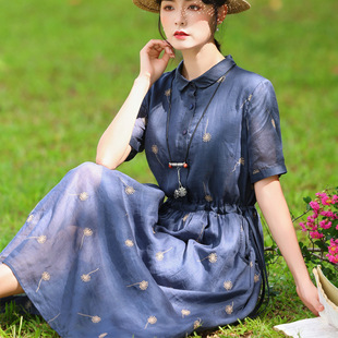 夏季苎麻刺绣中长款连衣裙宽松短袖，文艺娃娃领减龄气质长裙显瘦