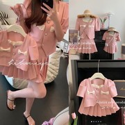 韩国童装亲子套装粉色小香风蝴蝶结母女洋气两件套小西装百褶短裙