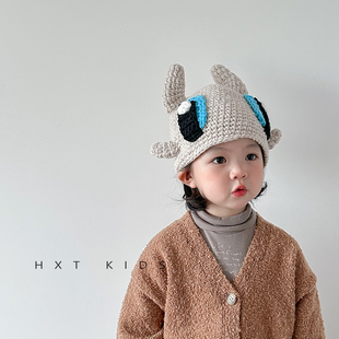儿童针织帽秋冬季搞怪牛角套头，帽子男童女童宝宝冬天保暖毛线帽潮