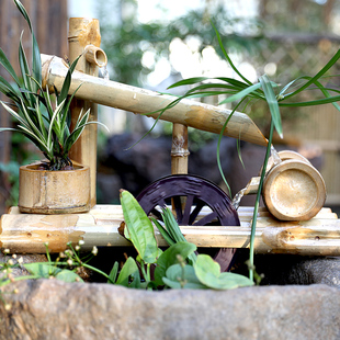 假山鱼缸庭院盆阳台小水车风水轮竹子排摆件循环流水喷泉造景装饰