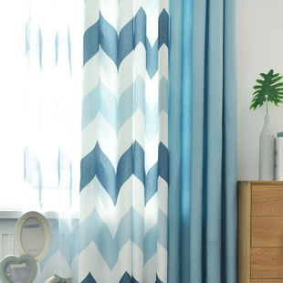 美式北欧风格窗帘成品几何，简约现代遮光客厅卧室落地棉麻拼接