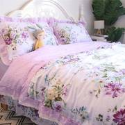 韩版田园风浅紫色蕾丝花边，床上四件套全棉纯棉，花卉被套荷叶边床单