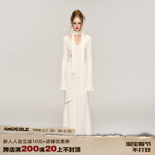 4muggle原创秋冬2023性感，白色提花镂空连衣裙，绒花气质长裙女