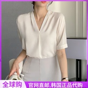 ol通勤白色衬衫v领短袖，女attrangs韩国2024夏季雪纺上衣