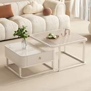 轻奢奶油风岩板茶几客厅家用小户型桌子白色方形伸缩玻璃茶桌组合