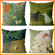 北欧油画艺术家抱枕抽象花卉白玫瑰田园绿色系沙发靠枕床头靠垫