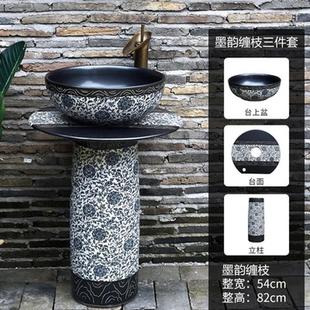 中式青花立柱式洗脸盆复古陶瓷洗手盆户外庭院，一体式阳台仿古水池