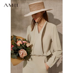Amii高级感雪纺衬衫女2021年秋季配腰带V领不规则薄款上衣