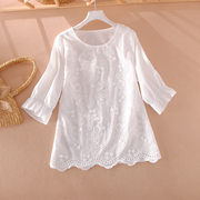 夏季t恤衬衫女士圆领纯白色，刺绣镂空套头上衣，纯棉七分袖宽松衬衣