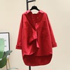 红色中长款加厚衬衫女外套，2023秋装宽松设计感衬衣长袖上衣潮