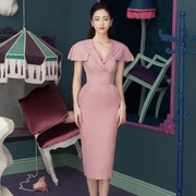 越南小众设计师粉色气质，修身显瘦包臀优雅一步裙名媛小香风连衣裙