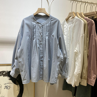 春季韩版复古文艺范立领(范立领)长袖衬衫，2024女宽松慵懒中长款上衣潮