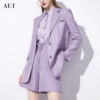 aui紫色气质职业西装套装，女2024春秋长袖西服高腰短裤两件套