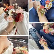 胸花手腕花中式复古玫瑰，襟花伴娘新郎新娘，结婚拍照服装衣帽配饰啡