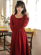 赫本风小红裙子结婚回门服便装平时可穿红色连衣裙新娘敬酒服秋季