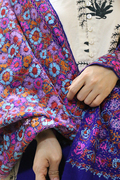 印度手工围巾满绣克什米尔羊毛手绣，民族绣花披肩雏菊宝蓝色