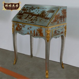 新古典手绘梳妆台法式浅蓝色多功能化妆桌小户型卧室实木家具