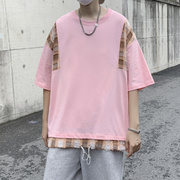 假两件拼接粉色短袖男夏季设计感小众潮牌五分，袖t恤日系圆领半袖