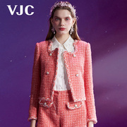 VJC/威杰思2024春夏粉色小香风外套粗花呢设计领短款女装