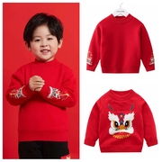 儿童红色毛衣过年衣服兔年新年装线衣加绒装男女宝宝中国风拜年服