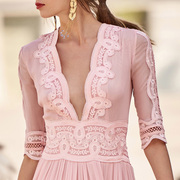 法式粉色蕾丝连衣裙，高端大牌轻奢名媛炸街长裙欧美性感小众气质春