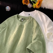 果绿色冰丝短袖T恤男夏季潮牌小领口痞帅休闲速干针织七分袖体恤