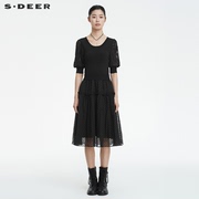 sdeer圣迪奥裙子女高级波点雪纺拼接针织黑色气质连衣裙S222Z1203