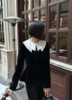 黑色长袖丝绒外套女春秋设计感小众撞色条纹娃娃领慵懒软糯上衣潮