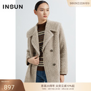 insun恩裳专选冬季双排扣中长款绵羊毛，毛呢外套