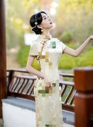 真丝旗袍改良新式荷花长款桑蚕丝旗袍年轻款少女复古中国风连衣裙
