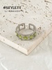 天然橄榄石镶嵌镂空电镀银戒指开口可调节食指戒女个性指环礼物